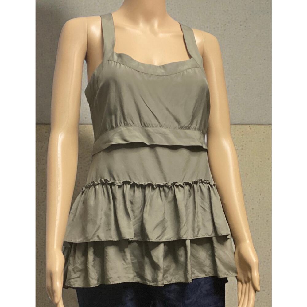Banana Republic silk sleeveless top tiered ruffles size XS olive green